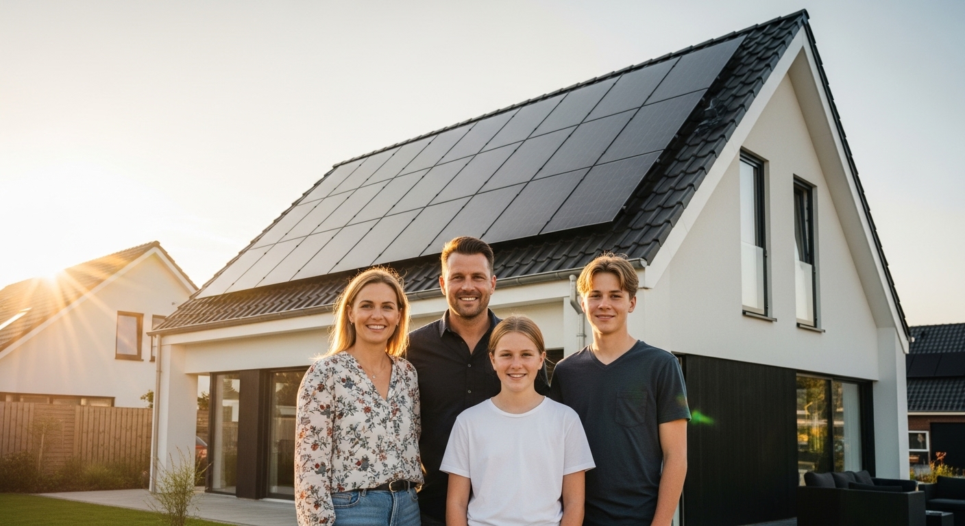 Famiglia davanti a una casa con pannelli fotovoltaici