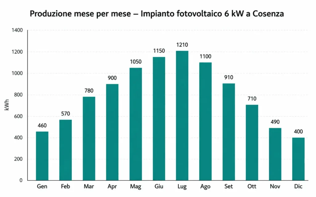 Produzione annua 6 kW Cosenza confronto Nord Italia