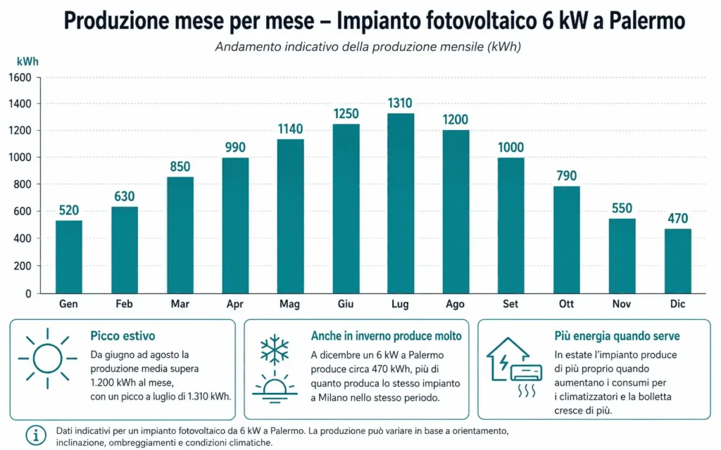 Grafico produzione mensile fotovoltaico 6 kW a Palermo