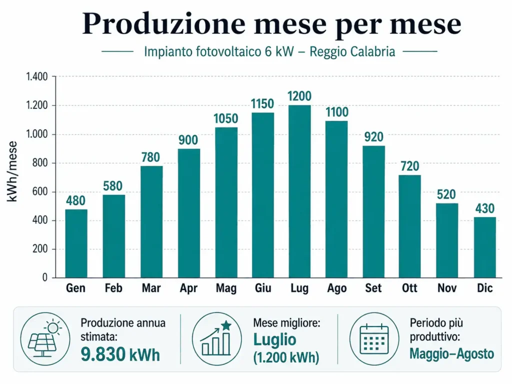 Grafico produzione mensile impianto fotovoltaico 6 kW a Reggio Calabria