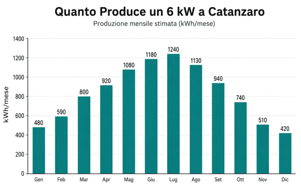 Grafico produzione mensile fotovoltaico 6 kW a Catanzaro